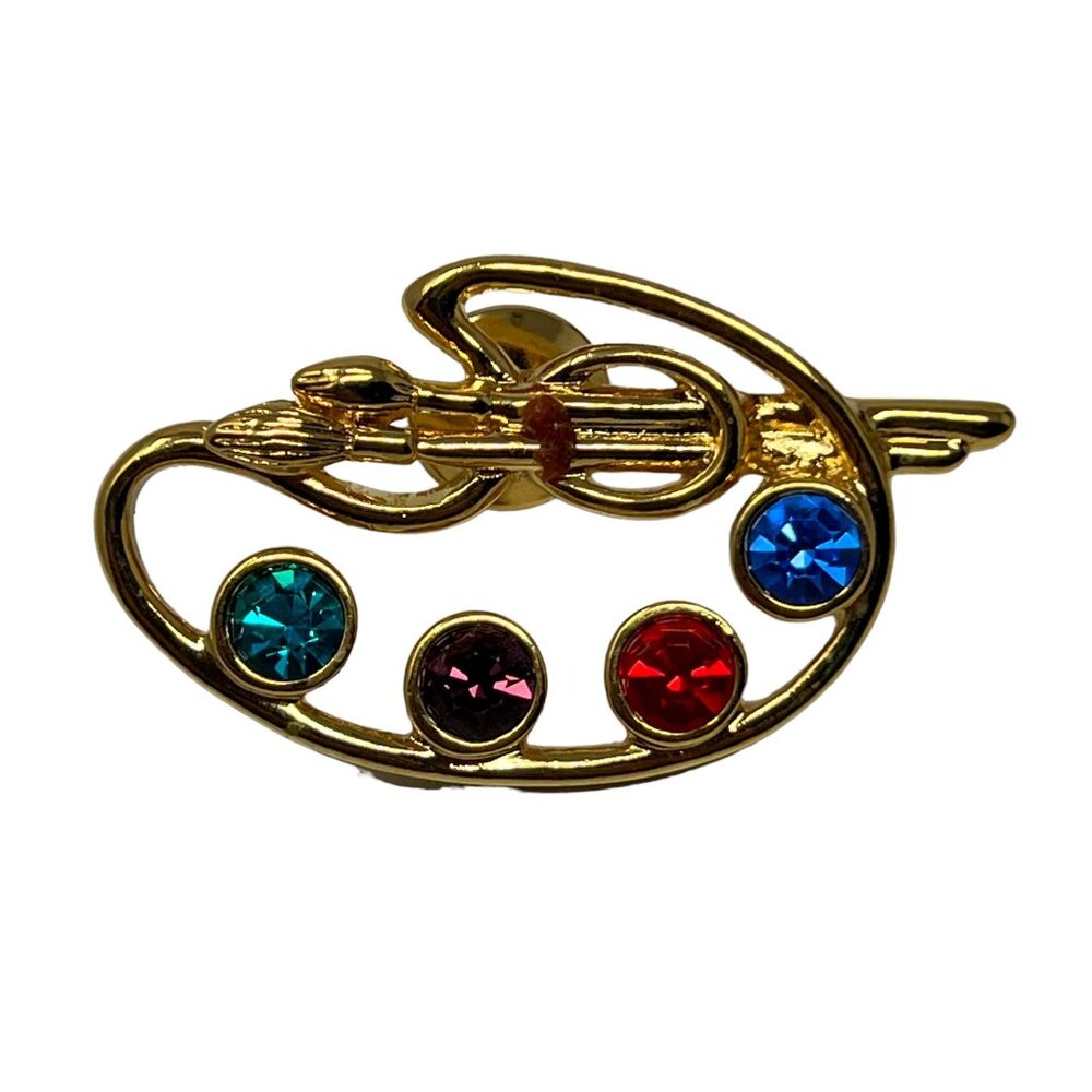 Avon Painters Palette Brooch Gold Tone Crystal Paint Vintage Hat‎ Lapel Pin